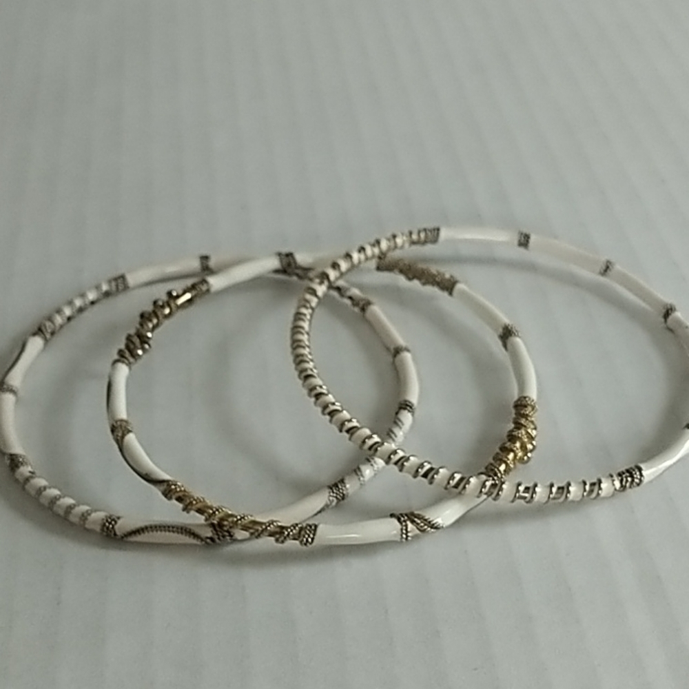 Set of Three Dainty White & Gold tone Bracelets